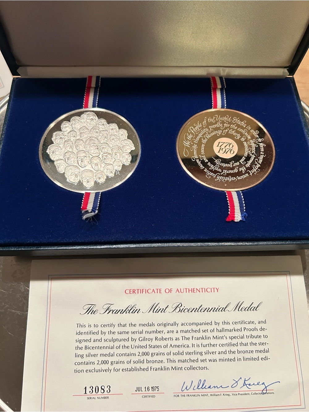 Franklin Mint Silver & Bronze Bicentennial Medallions VINTAGE Velvet with Box
